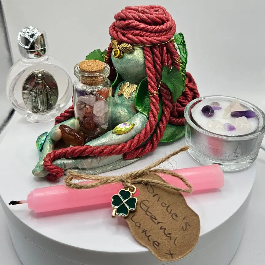Aisling Goddess Brigid altar set with handmade figurine, rose goddess altar essence, Eternal Flame taper and crystal votive candle