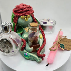 Aisling handmade Goddess Brigid figurine holding crystal vial and carnelian with complete altar set