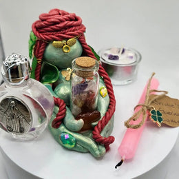 Aisling handmade Goddess Brigid figurine holding crystal vial and carnelian with complete altar set