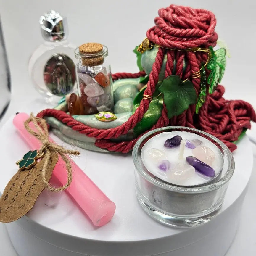 Side view of Aisling Goddess Brigid altar set with rose quartz and amethyst crystal votive candle