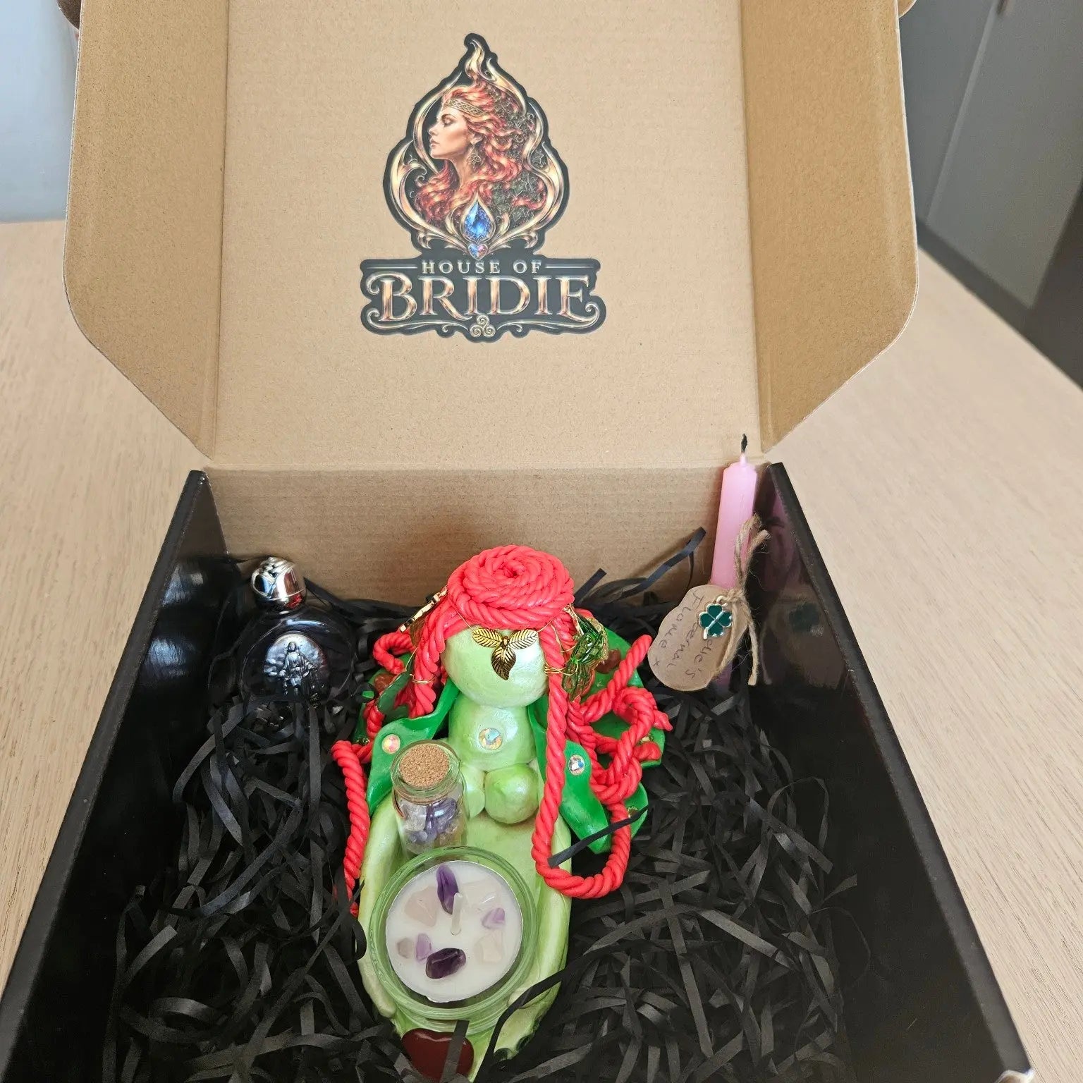 Brynwen Brigid’s Keeper of New Beginnings handcrafted altar Guardian with crystal candle, Rose Goddess Altar Essence and Eternal Flame in gift packaging

