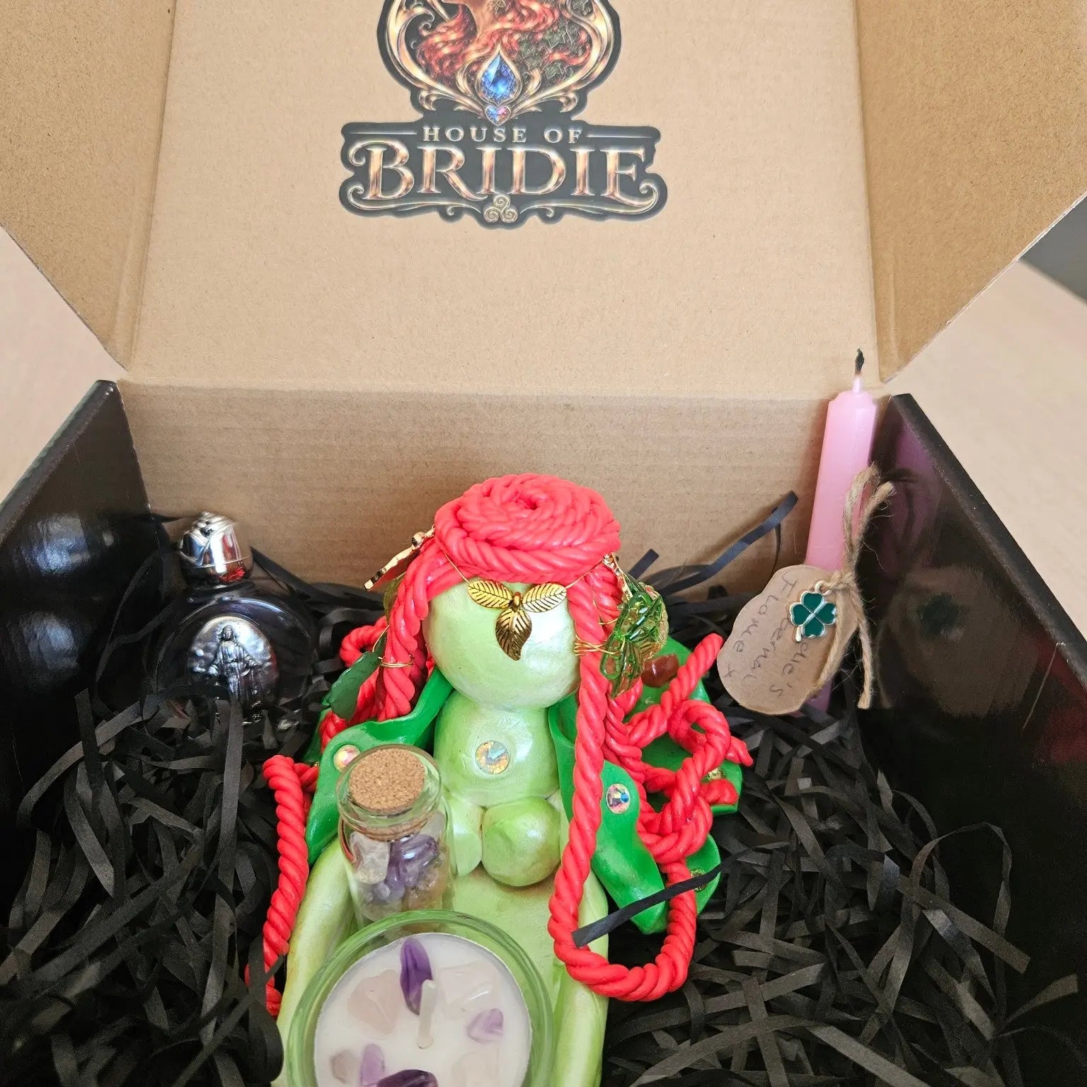 rynwen is a complete, one-of-a-kind Brigid altar set, presented together in a House of Bridie gift box and ready to create your own sacred space. Eternal Flame, packaging