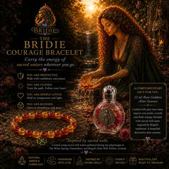 Goddess Brigid Courage Bracelet & Altar Essence Set with goddess Brigid in the background and information