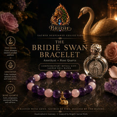 Goddess Brigid Swan Bracelet & Altar Essence Set - Rose Quartz & Amethyst with ritual gift information and swan in background