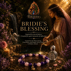 Goddess Brigid Swan Bracelet & Altar Essence Set - with goddess Brigid in the background by a well with swans