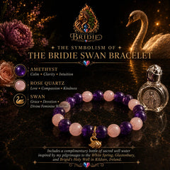 Goddess Brigid Swan Bracelet & Altar Essence Set - Rose Quartz & Amethyst crystal and charm information