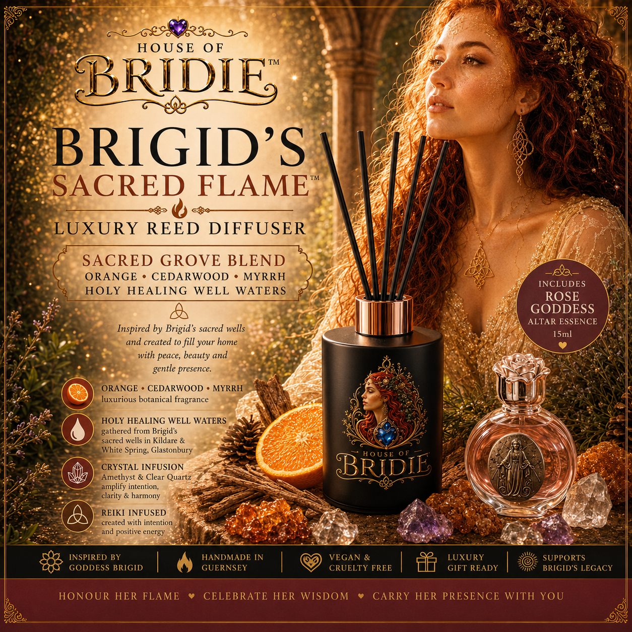 House of Bridie™ Sacred Flame Reed Diffuser | Sacred Grove Blend | Orange Cedarwood Myrrh | Crystal Infused Home Fragrance | Brigid Gift