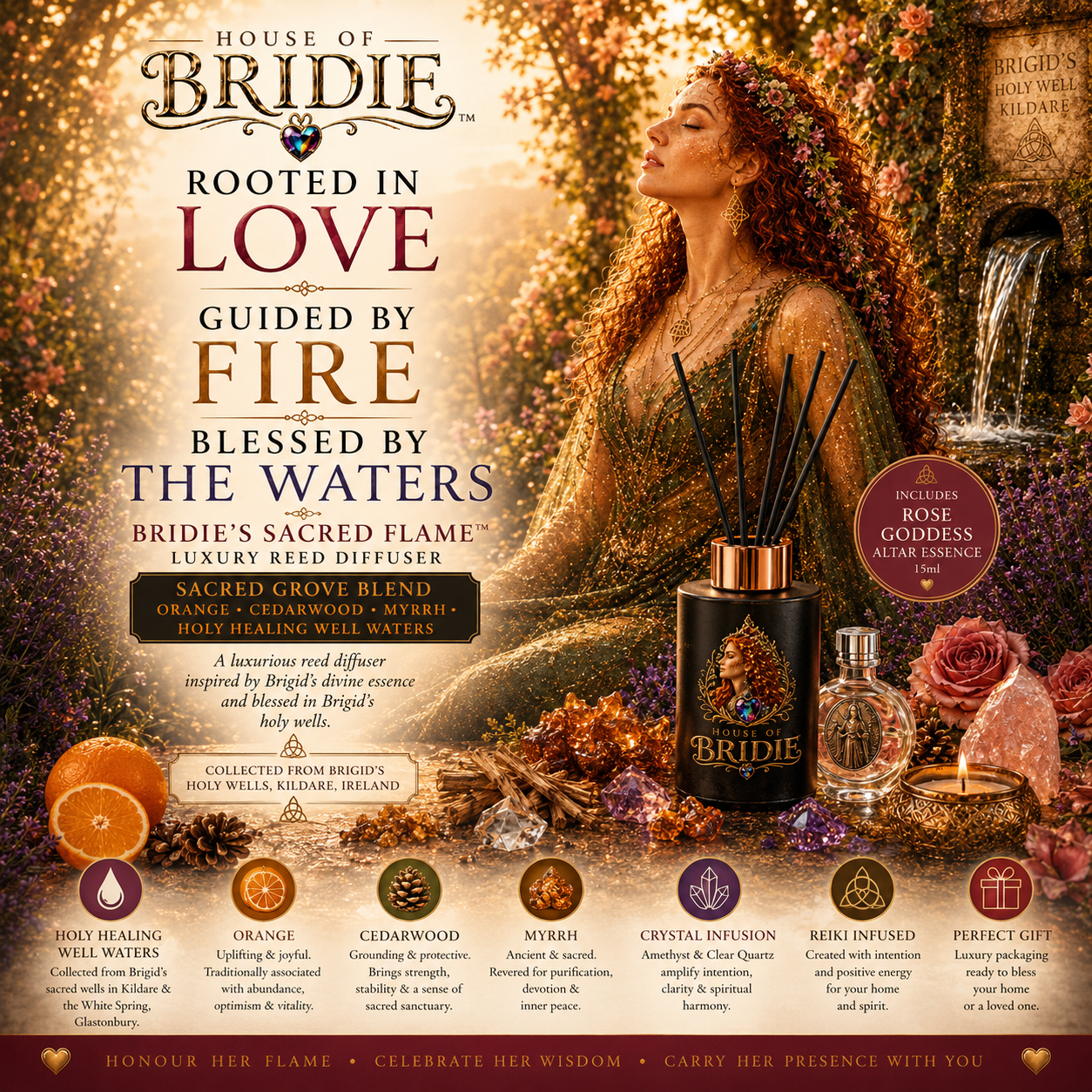 House of Bridie™ Sacred Flame Reed Diffuser | Sacred Grove Blend | Orange Cedarwood Myrrh | Crystal Infused Home Fragrance | Brigid Gift
