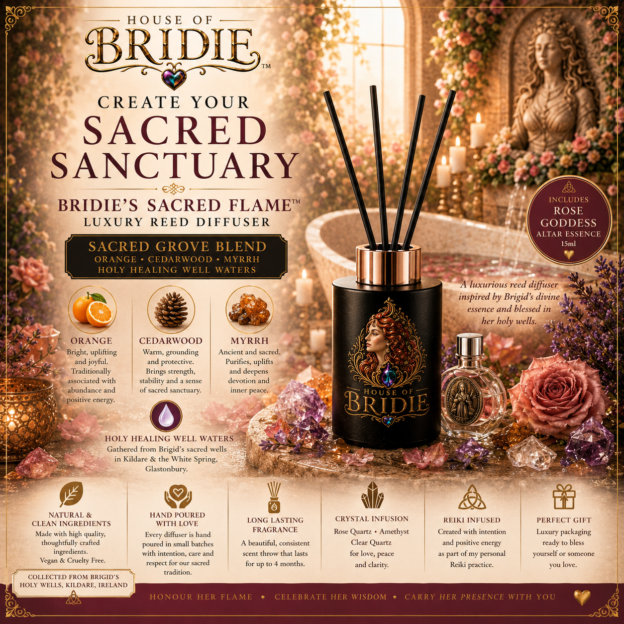 House of Bridie™ Sacred Flame Reed Diffuser | Sacred Grove Blend | Orange Cedarwood Myrrh | Crystal Infused Home Fragrance | Brigid Gift