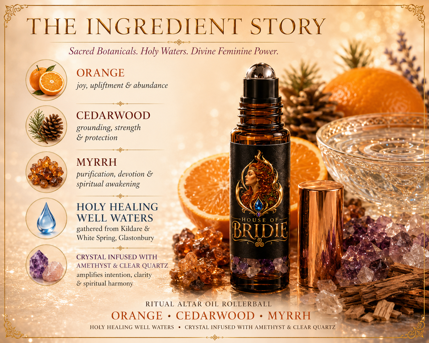 House of Bridie™ Bridie's Sacred Scent™ Sacred Flame Ritual Altar Oil | Goddess Brigid Inspired | Orange, Cedarwood & Myrrh | Crystal Infused Gift