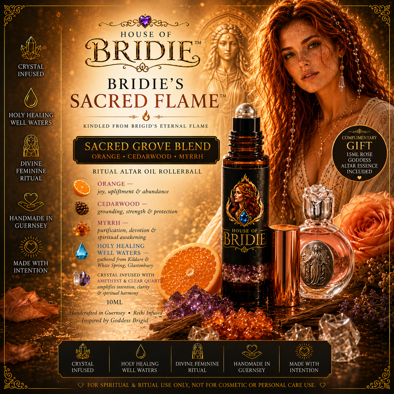 House of Bridie™ Bridie's Sacred Scent™ Sacred Flame Ritual Altar Oil | Goddess Brigid Inspired | Orange, Cedarwood & Myrrh | Crystal Infused Gift