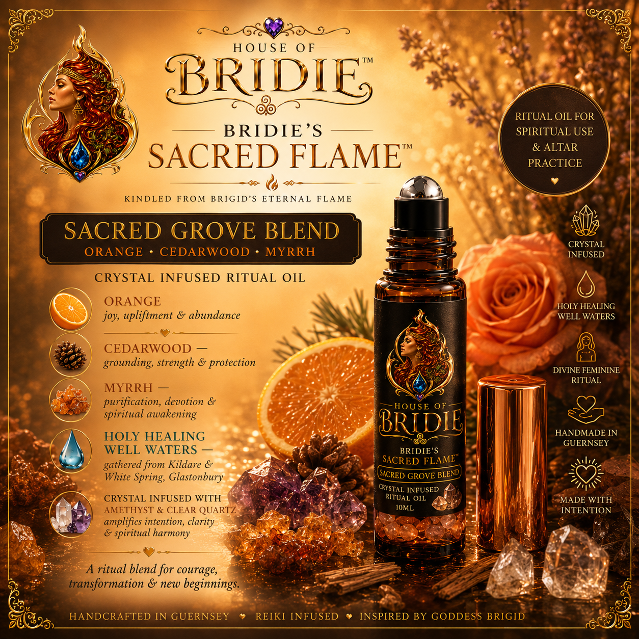 House of Bridie™ Bridie's Sacred Scent™ Sacred Flame Ritual Altar Oil | Goddess Brigid Inspired | Orange, Cedarwood & Myrrh | Crystal Infused Gift