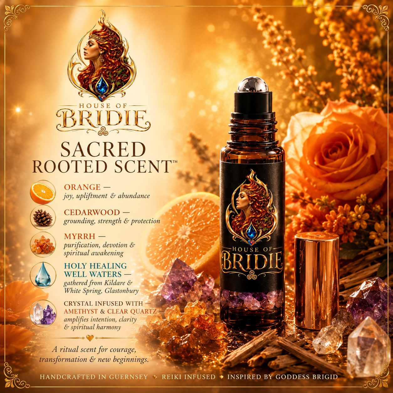 House of Bridie™ Bridie's Sacred Scent™ Sacred Flame Ritual Altar Oil | Goddess Brigid Inspired | Orange, Cedarwood & Myrrh | Crystal Infused Gift