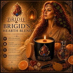 Brigid's Hearth Blend- Sacred Flame Ritual Candle  - Orange • Cedarwood • Myrrh, Goddess Brigid in the backround and product information