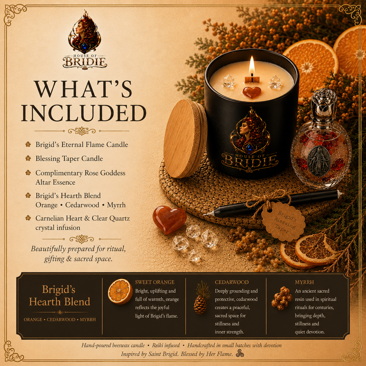 BRIGID'S HEARTH BLEND Orange • Cedarwood • Myrrh Carry the warmth of Brigid's sacred hearth into your home.