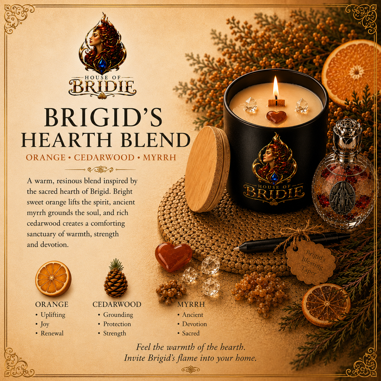 BRIGID'S HEARTH BLEND Orange • Cedarwood • Myrrh Carry the warmth of Brigid's sacred hearth into your home.