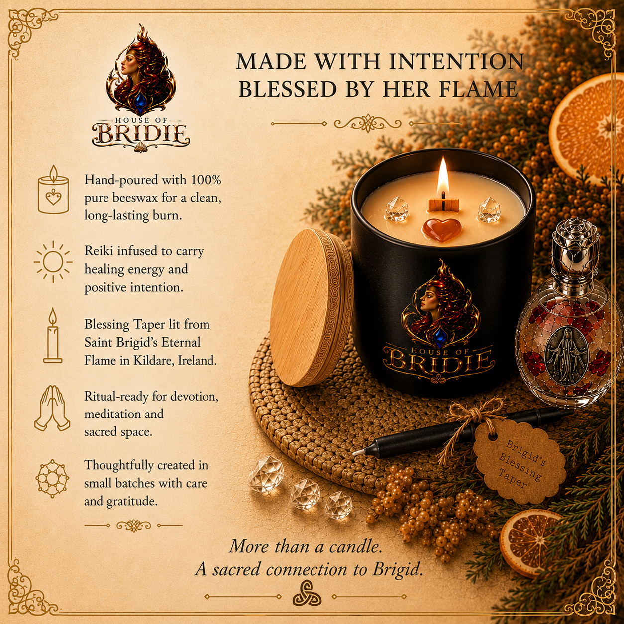 BRIGID'S HEARTH BLEND Orange • Cedarwood • Myrrh Carry the warmth of Brigid's sacred hearth into your home.