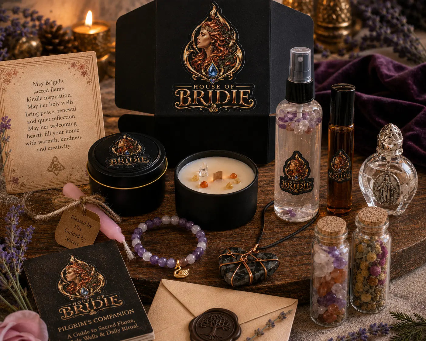 Brigid Sanctuary Chest ritual altar set with candle, altar oil and sacred ritual pieces - House Of Bridie
