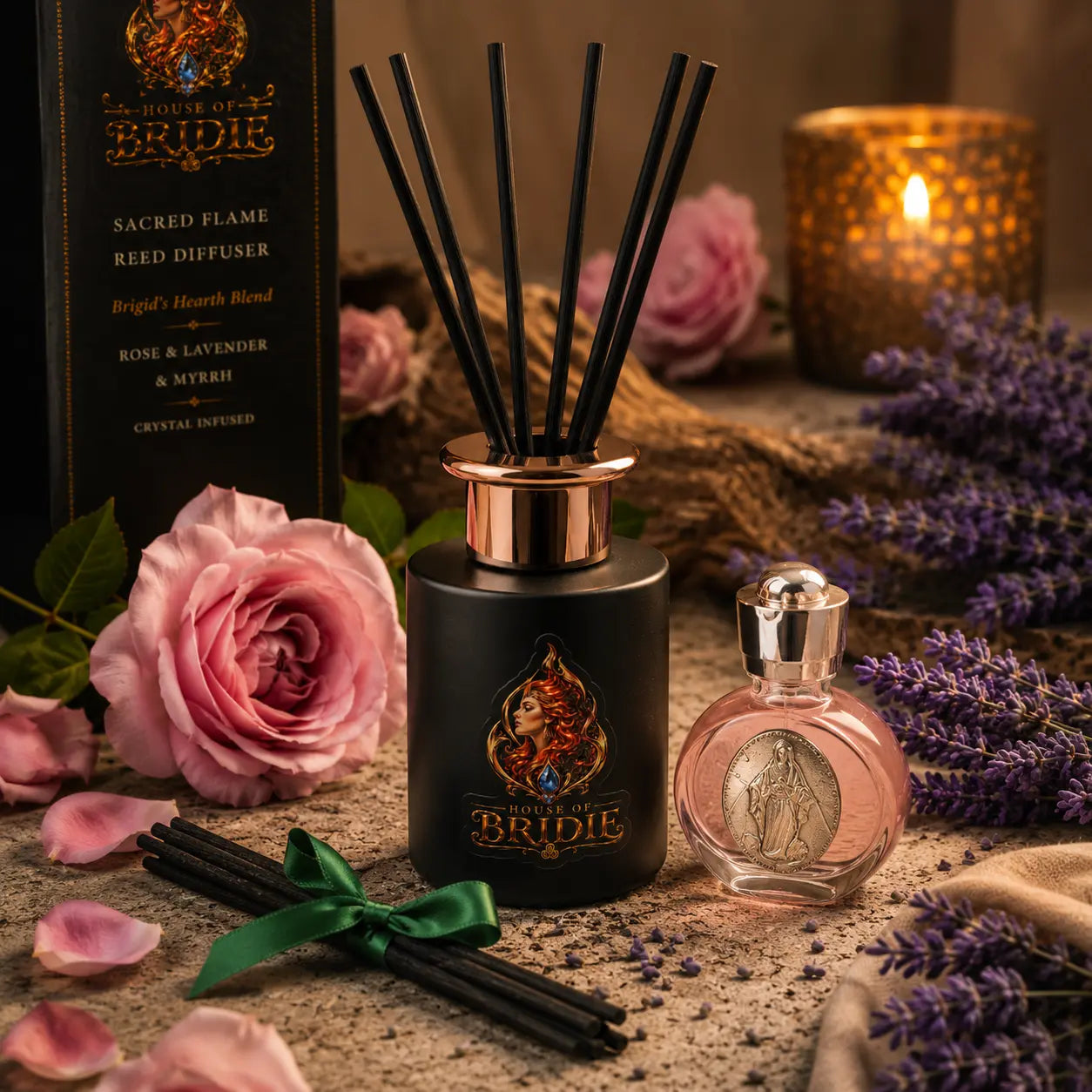 Brigid's Rose Reed Diffuser with Rose and Lavender in a Brigid-inspired altar setting