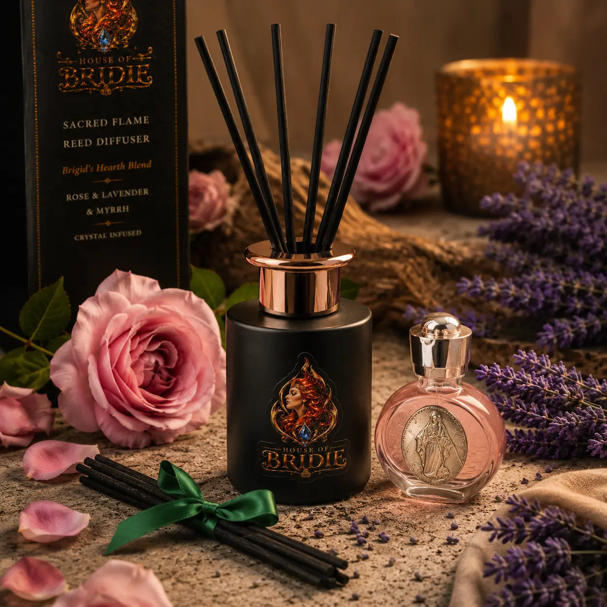 Brigid's Rose Reed Diffuser with Rose and Lavender in a Brigid-inspired altar setting