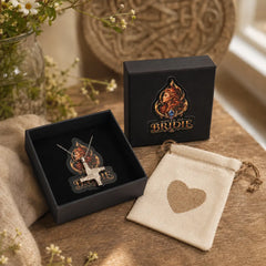Large Sterling Silver Brigid Cross Necklace shown with gift packaging
