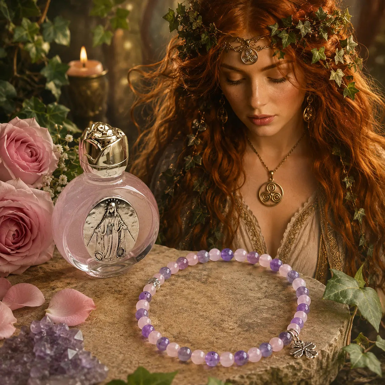 Goddess Brigid Bracelet & Altar Essence Set – Bridie Blessings with goddess Brigid in the background