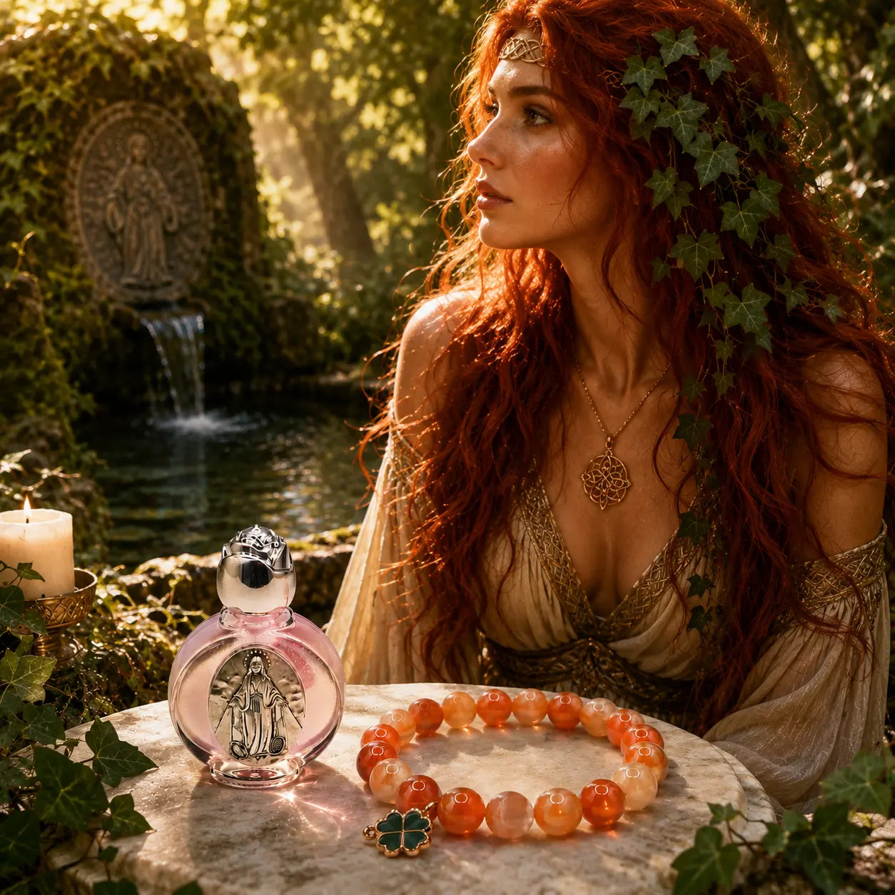 Goddess Brigid Bracelet and Altar Essence – Lucky Clover – Carnelian with Goddess Brigid in the background by a sacred well