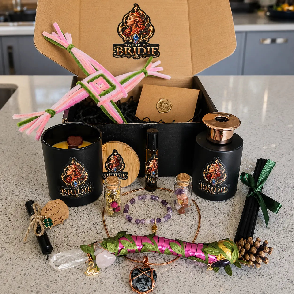 Swan of Brigid Ritual Chest with candle, altar oils, sacred waters, crystals, jewellery and handcrafted ritual pieces