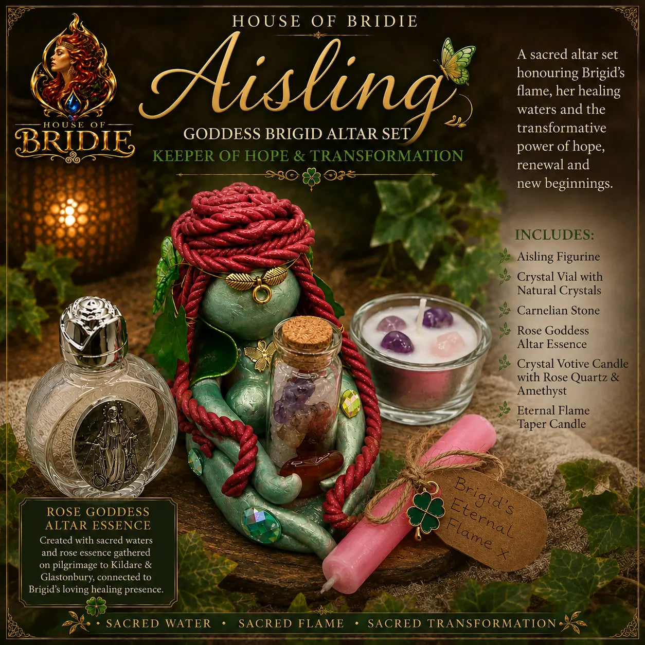 Aisling Goddess Brigid altar set with handmade figurine, Rose Goddess Altar Essence, crystal votive candle and Brigid’s Eternal Flame taper