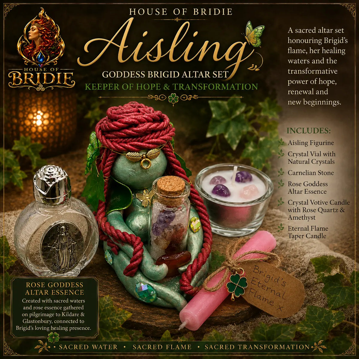 Aisling Goddess Brigid altar set with handmade figurine, Rose Goddess Altar Essence, crystal votive candle and Brigid’s Eternal Flame taper