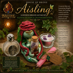Aisling Goddess Brigid altar set with handmade figurine, Rose Goddess Altar Essence, crystal votive candle and Brigid’s Eternal Flame taper