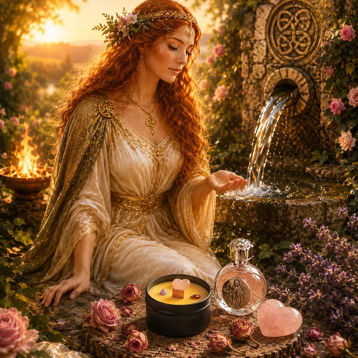 Goddess Brigid Ritual Set – Sacred Healing – Lavender • Rose, showing goddess Brigid in the backround by a flowing well