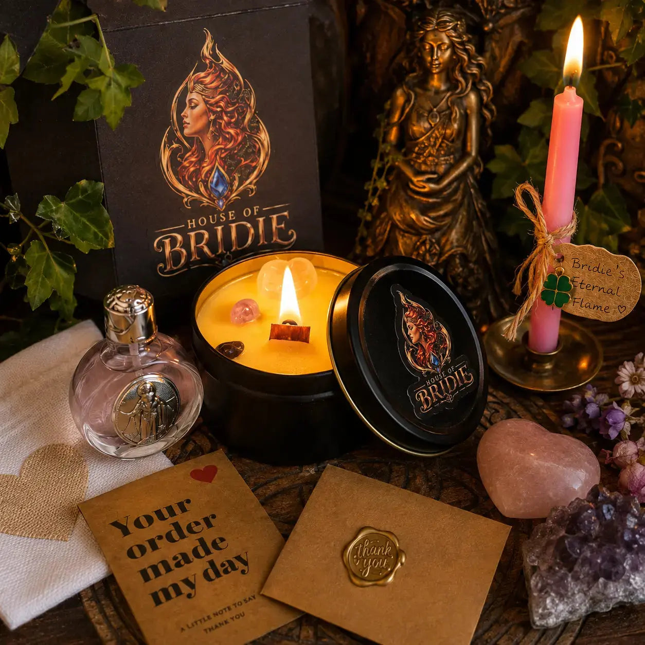 Sacred Healing Ritual Pairing -  Brigid's Rose Blend -  Sacred Flame Collection House Of Bridie, showing the candle lit in a Goddess Brigid altar setting