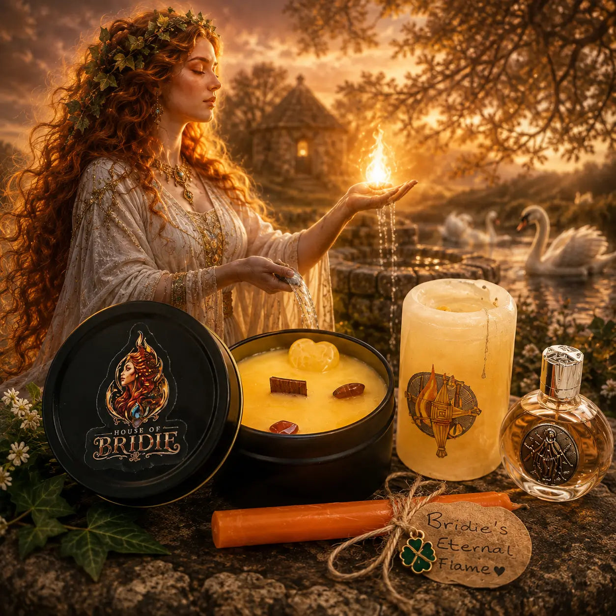 Sacred Flame Ritual Pairing - Brigid's Hearth Blend -  Sacred Flame Collection House Of Bridie, with goddess brigid in the background with a well and swans