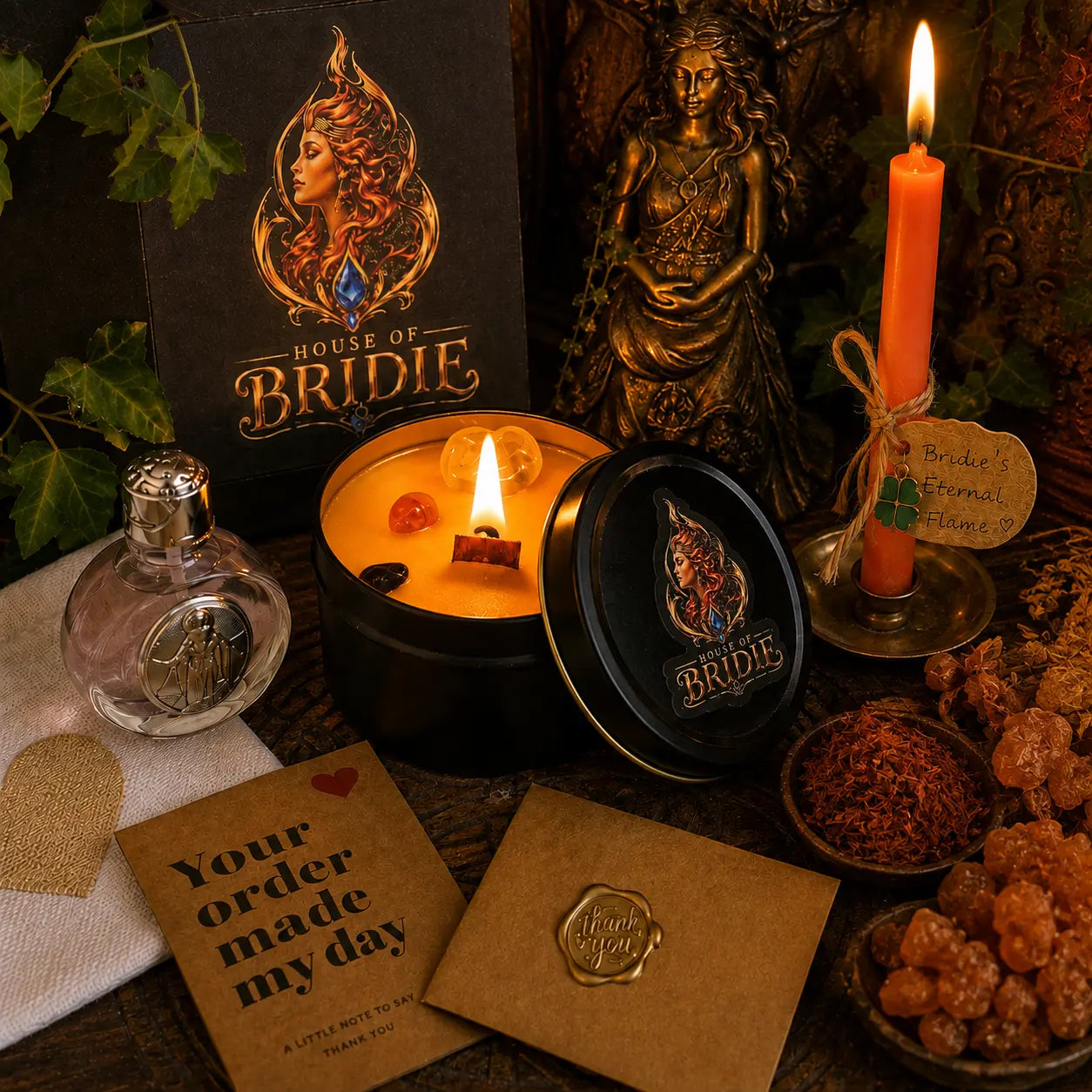Sacred Flame Ritual Pairing - Brigid's Hearth Blend -  Sacred Flame Collection House Of Bridie, with goddess brigid altar setting