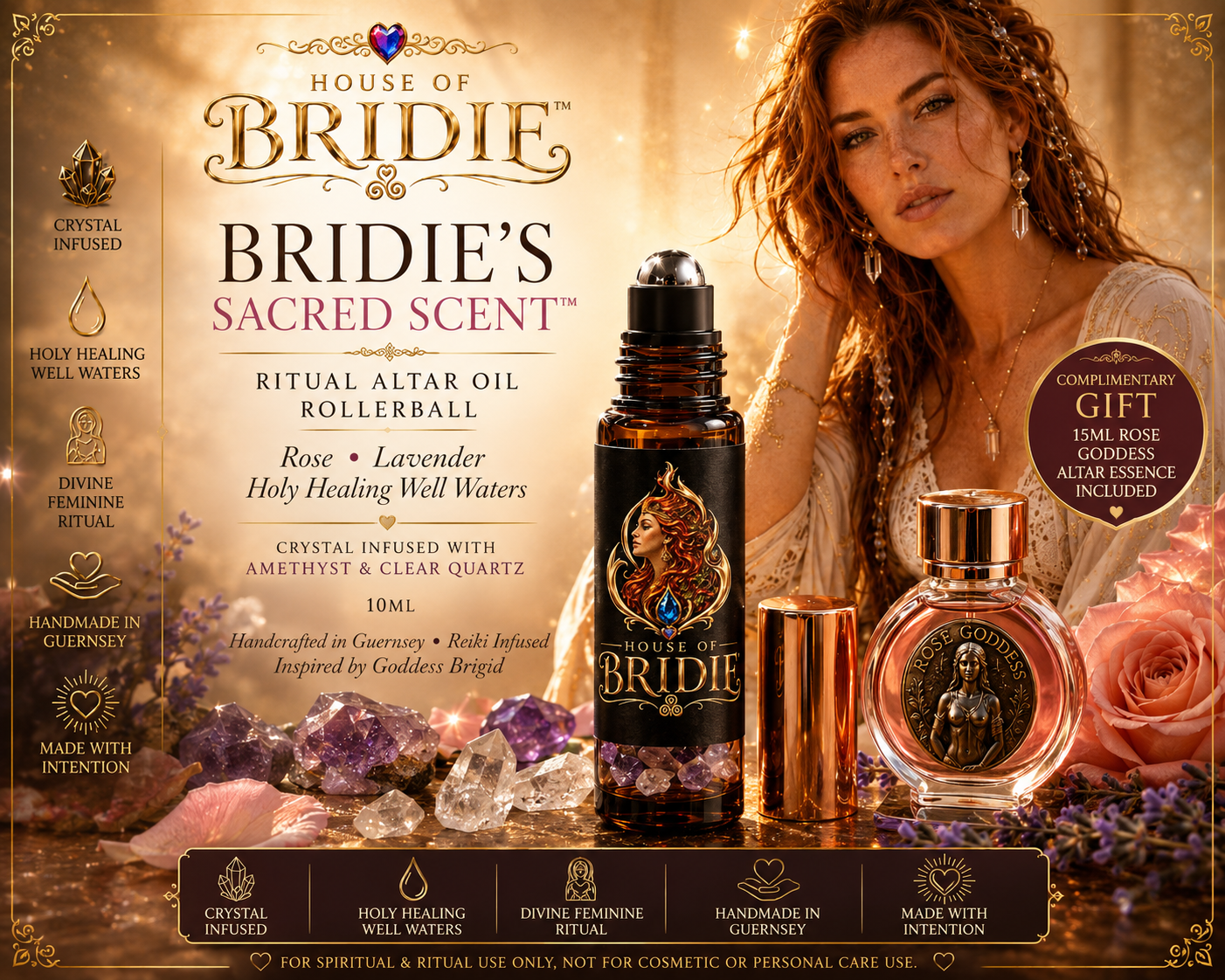 Bridie's Sacred Scent™ Goddess Brigid Inspired Ritual Altar Oil Crystal Infused • Rose • Lavender • Holy Healing Waters Inspired by Goddess Brigid. Created by House of Bridie.