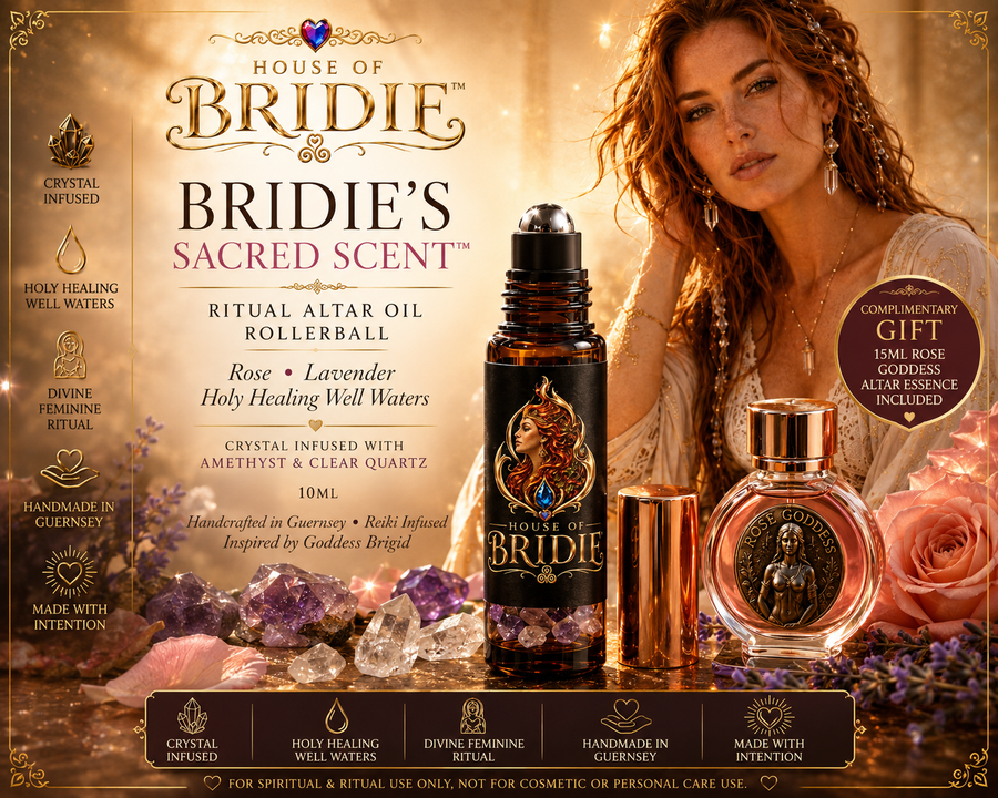 Bridie's Sacred Scent™ Goddess Brigid Inspired Ritual Altar Oil Crystal Infused • Rose • Lavender • Holy Healing Waters Inspired by Goddess Brigid. Created by House of Bridie.