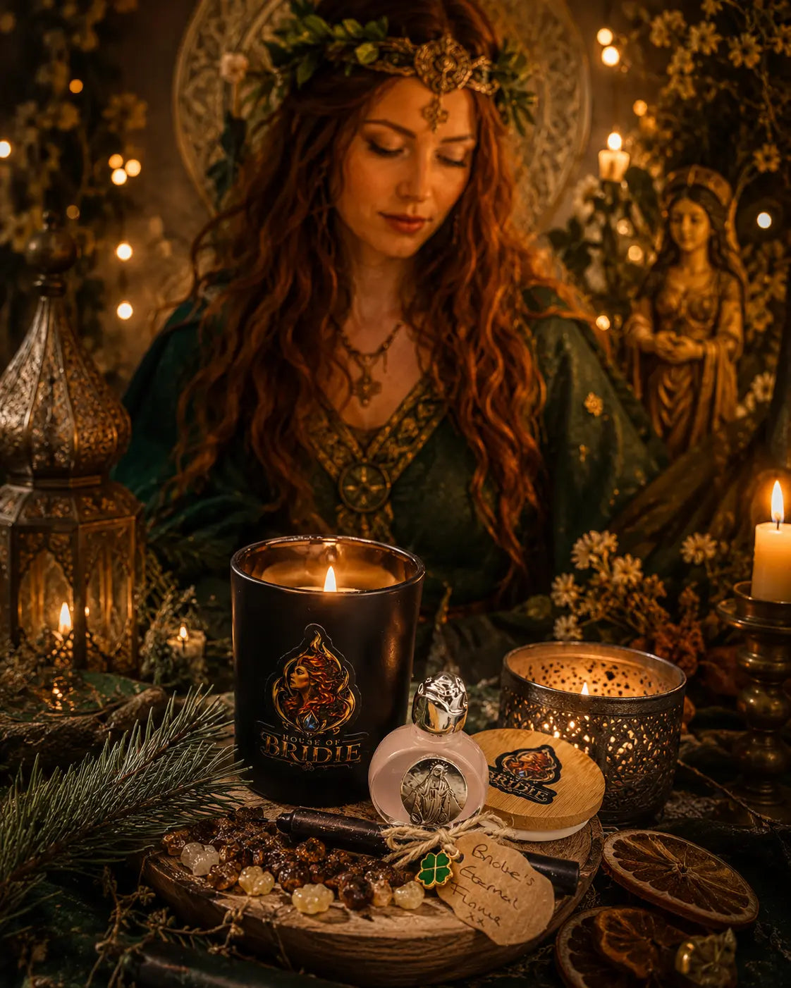 Brigid's Hearth Ritual Candle with Sweet Orange, Cedarwood and Myrrh beside a Brigid altar, Goddess Brigid in the background