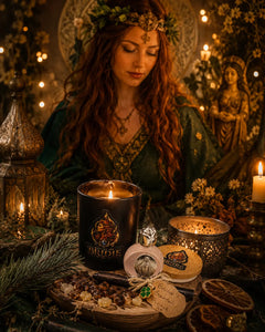 Brigid's Hearth Ritual Candle with Sweet Orange, Cedarwood and Myrrh beside a Brigid altar, Goddess Brigid in the background