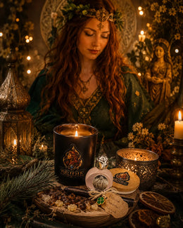 Brigid's Hearth Ritual Candle with Sweet Orange, Cedarwood and Myrrh beside a Brigid altar, Goddess Brigid in the background
