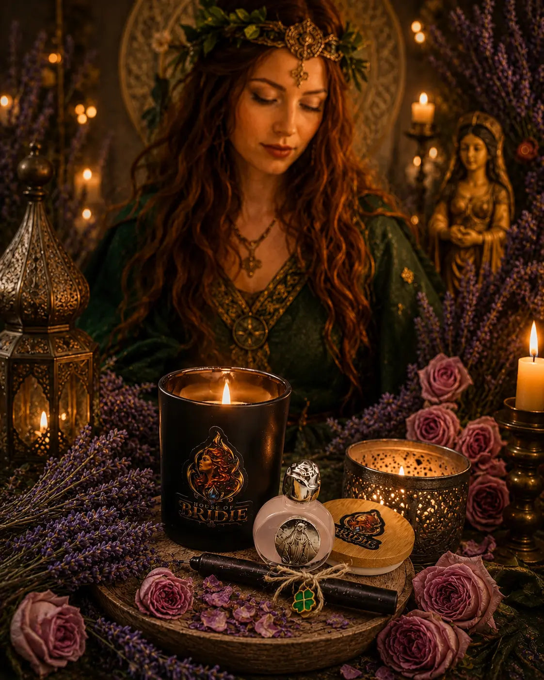 Brigid's Rose Ritual Candle with Rose and Lavender beside a Brigid altar with Brigid in the background