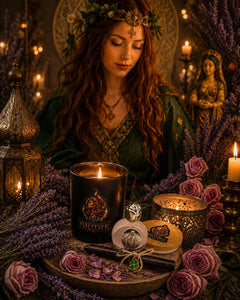Brigid's Rose Ritual Candle with Rose and Lavender beside a Brigid altar with Brigid in the background