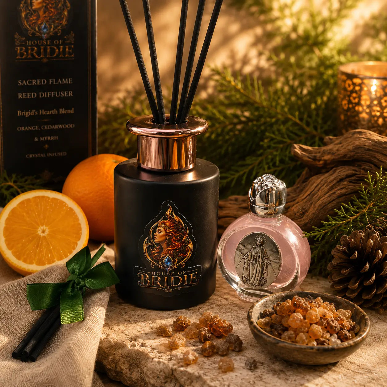Sacred Flame Reed Diffuser – Brigid's Hearth Blend - Sweet Orange • Cedarwood • Myrrh & Rose Goddess Essence on a altar setting