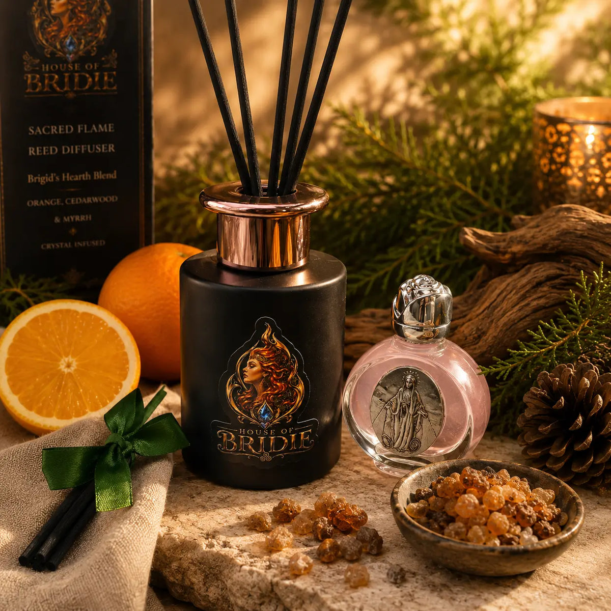Sacred Flame Reed Diffuser – Brigid's Hearth Blend - Sweet Orange • Cedarwood • Myrrh & Rose Goddess Essence on a altar setting