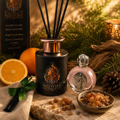 Sacred Flame Reed Diffuser – Brigid's Hearth Blend - Sweet Orange • Cedarwood • Myrrh & Rose Goddess Essence on a altar setting