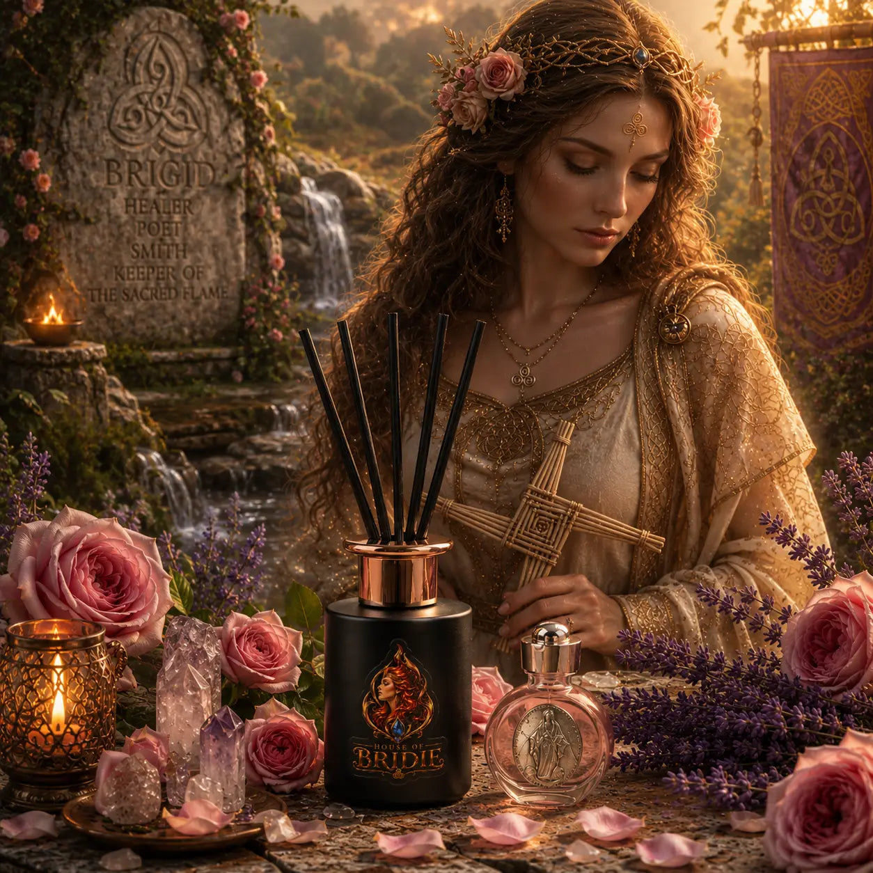 Brigid's Rose Reed Diffuser with Rose and Lavender in a Brigid-inspired altar setting with goddess brigid in the background
