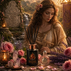 Brigid's Rose Reed Diffuser with Rose and Lavender in a Brigid-inspired altar setting with goddess brigid in the background