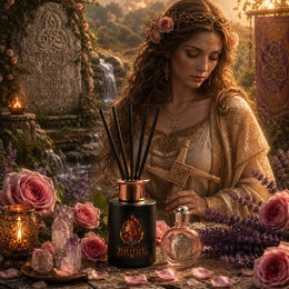 Brigid's Rose Reed Diffuser with Rose and Lavender in a Brigid-inspired altar setting with goddess brigid in the background
