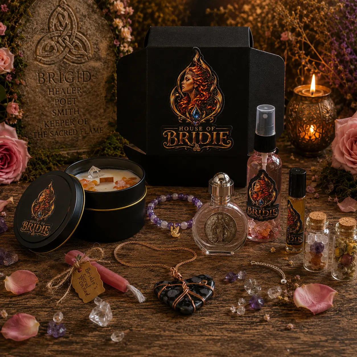 Brigid Sanctuary Chest ritual altar set with candle, altar oil and sacred ritual pieces - House Of Bridie