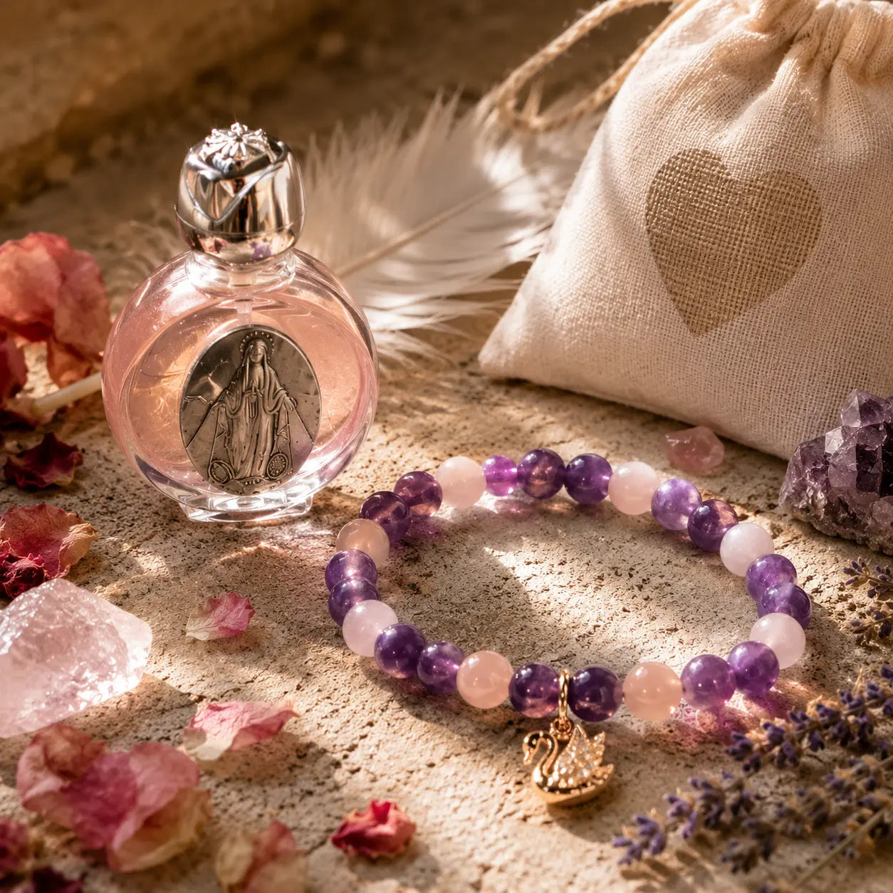 Goddess Brigid Swan Bracelet & Altar Essence Set - Rose Quartz & Amethyst